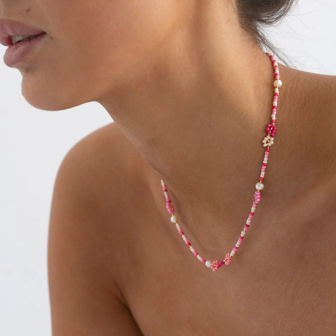 Elsa - Colorful Beads Flower and Pearl Pink Necklace