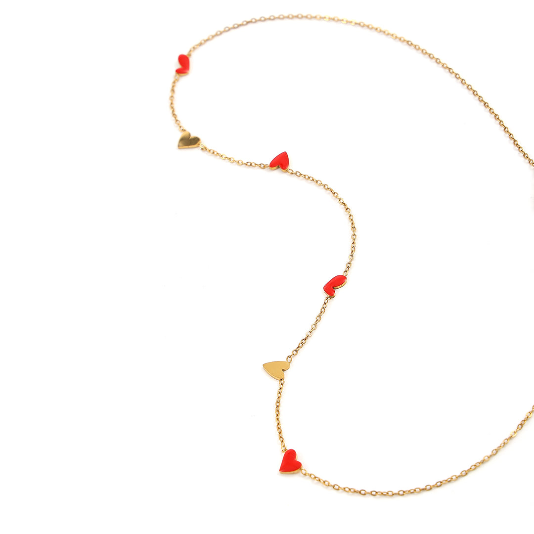 Linnea - Heart Chain Necklace Red & Gold Stainless Steel