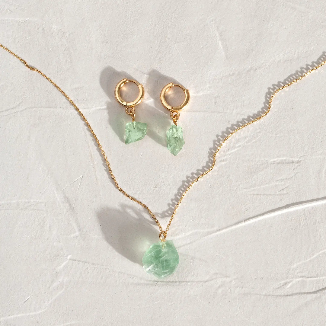 Semi Precious Stone Set with Necklace and Earrings - Gold